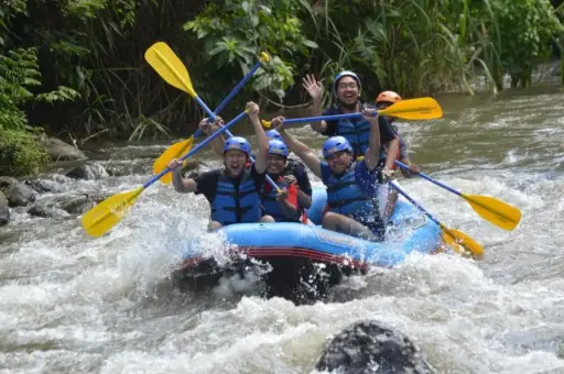 People white water rafting in a lush jungle gorge in Bali, one of the many adventure experiences available on the island.