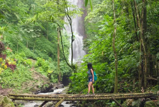 Traveler exploring Bali jungle with a waterfall backdrop on a 7-day Bali adventure itinerary